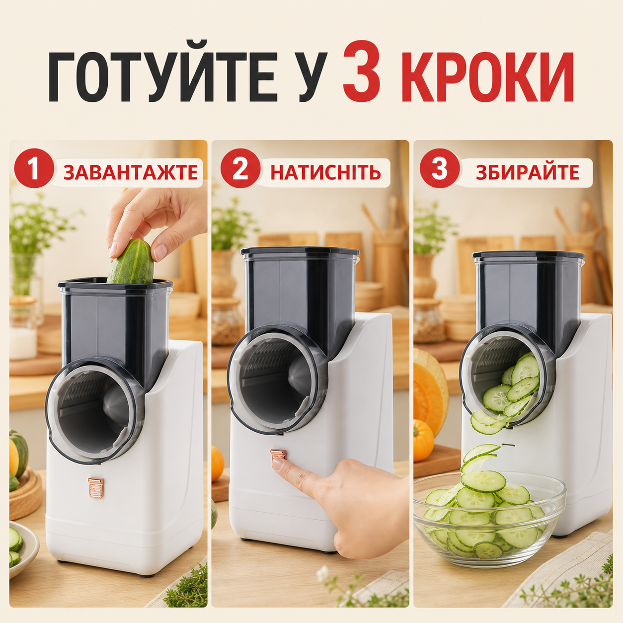 Три кроки використання електричної овочерізки