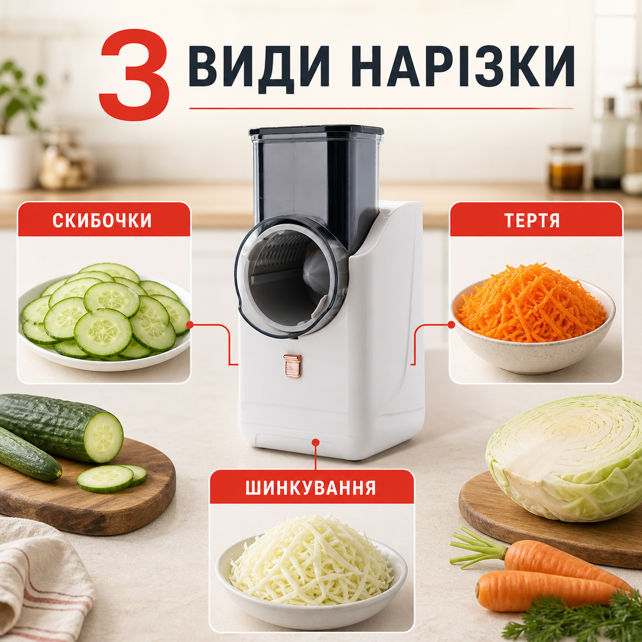 Три види нарізки: скибочки, тертя та шинкування